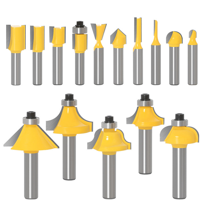 15-piece set of 8-handle woodworking milling cutter set, yellow, woodworking engraving machine/bakelite milling/trimming machine, cutter head set.