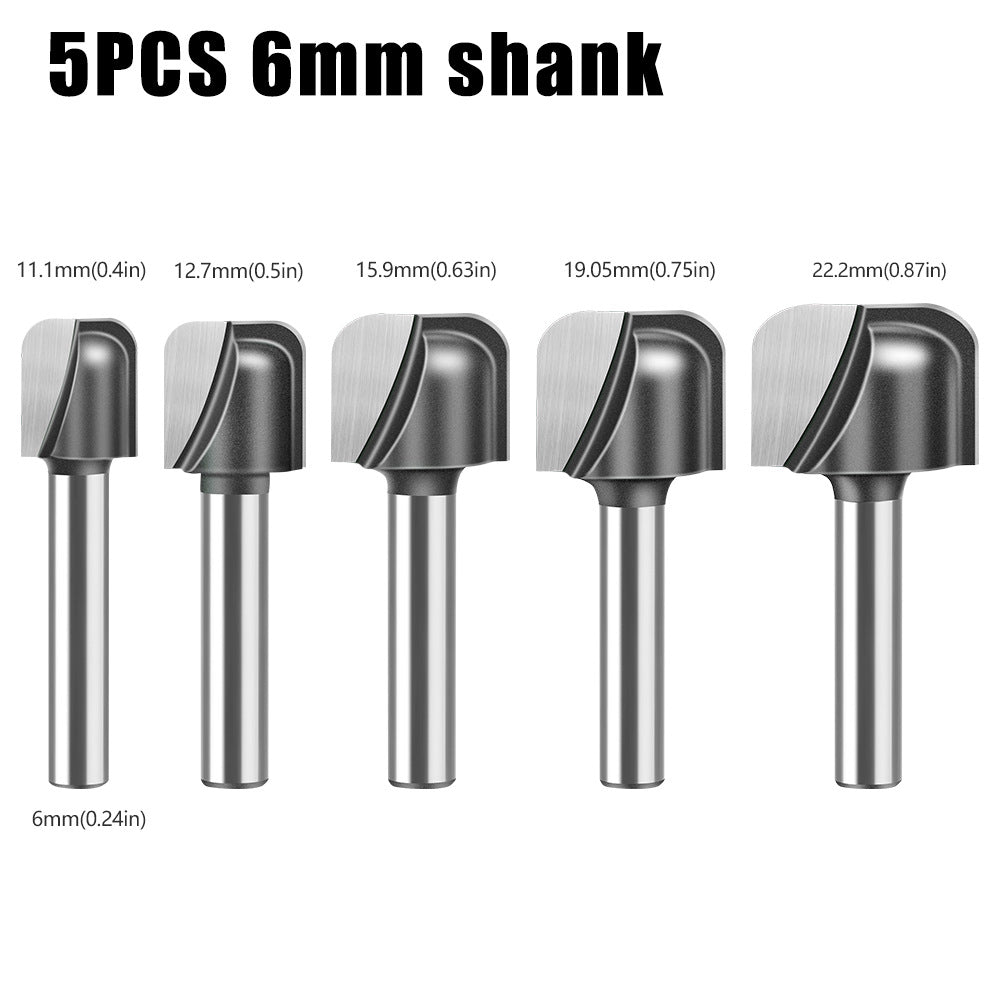 5-Piece set of 1/4 handle 6 handle double arc round bottom knife, slotting knife, bakelite milling cutter, engraving machine, trimming machine round bottom line type