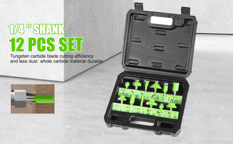 12-Piece set of 1/4 handle woodworking milling cutter set, trimming machine cutter head, bakelite milling engraving machine, milling cutter, trimming cutter 12PC