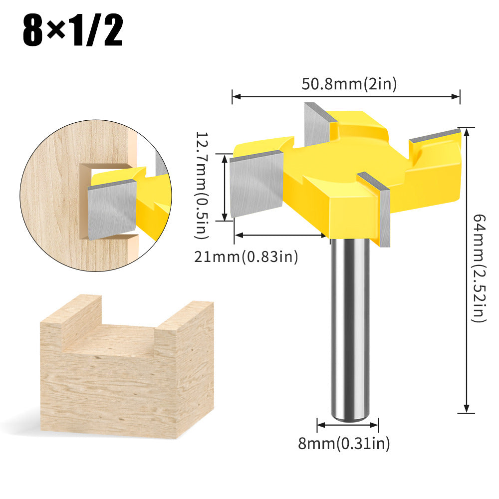 Four-blade T-knife Slotting knife 1/2 handle 12 handle woodworking milling cutter engraving machine cutter head Large diameter slotting knife T-knife