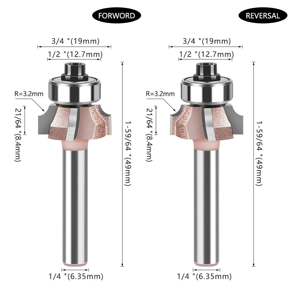 1/4 shank four-blade positive and reverse edge banding knife rounded corner knife arc trimming knife woodworking chamfering knife