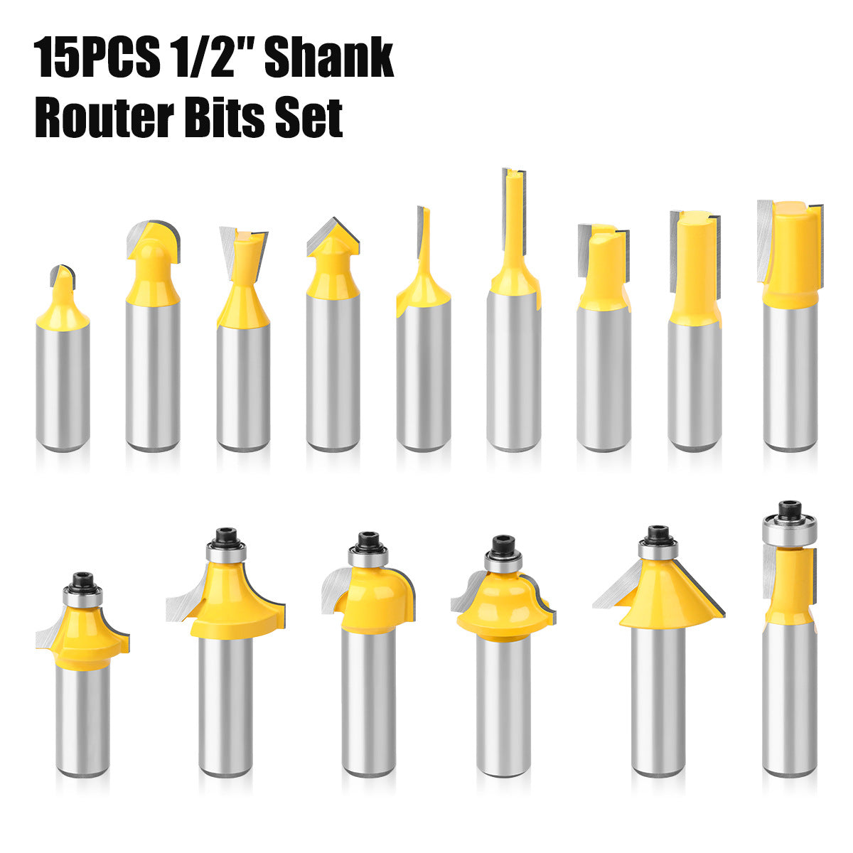 15-Piece set of 1/2 handle woodworking milling cutter set, engraving machine/bakelite milling/trimming machine, alloy cutter head set