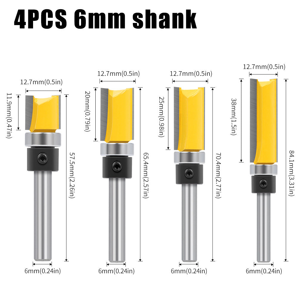 1/4 handle, copy bearing trimming cutter, woodworking milling cutter, double-edged bearing straight cutter, extended