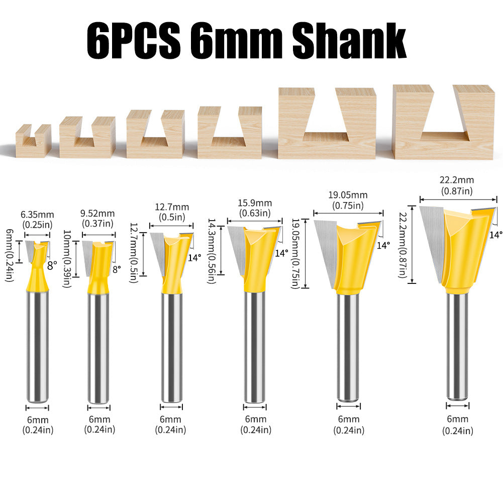 6-Piece set 1/4 handle 6 handle dovetail knife, Zikou Xun knife, woodworking milling cutter, carving knife, small dovetail knife