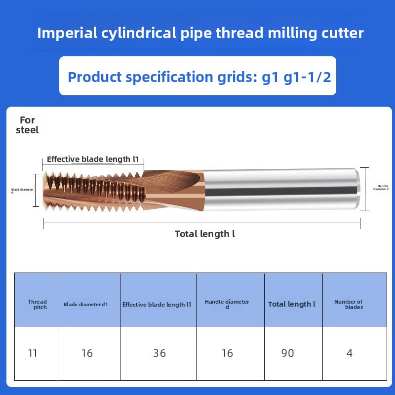 Inch tungsten steel cylindrical pipe thread milling cutter sealed type CNC numerical control tool G1/4 steel coating