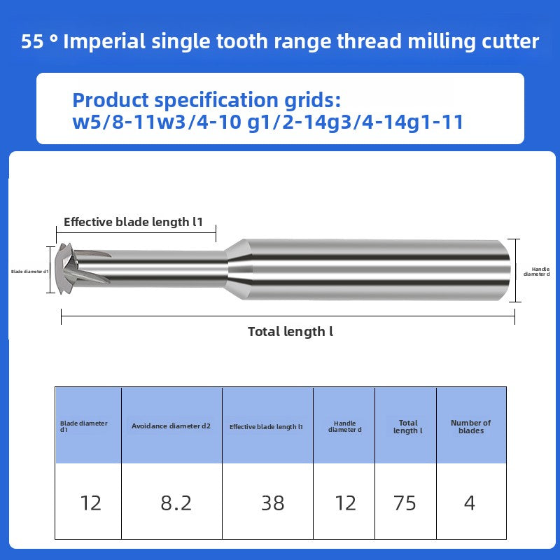 Inch single tooth tungsten steel cylindrical pipe thread milling cutter sealing type CNC numerical control tool for aluminum steel coating