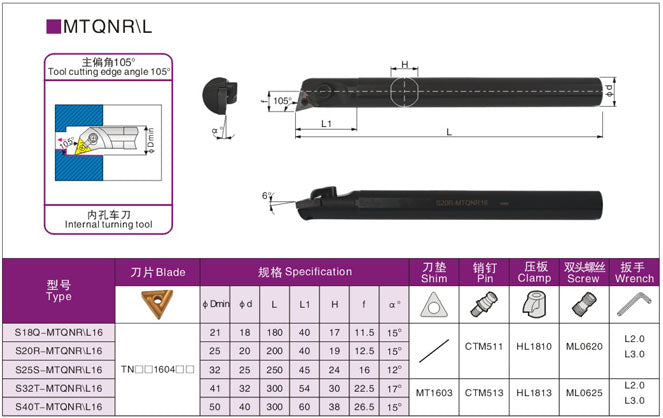 Lathe Turning Holder S16Q/S18Q/S20R/S25S/S32T/S40T-MTQNR16/MTQNL22