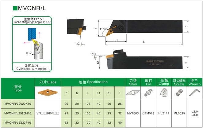 Lathe Turning Holder MVQNR/MVQNL 1616H16/2020K16/2525M16/3232P16