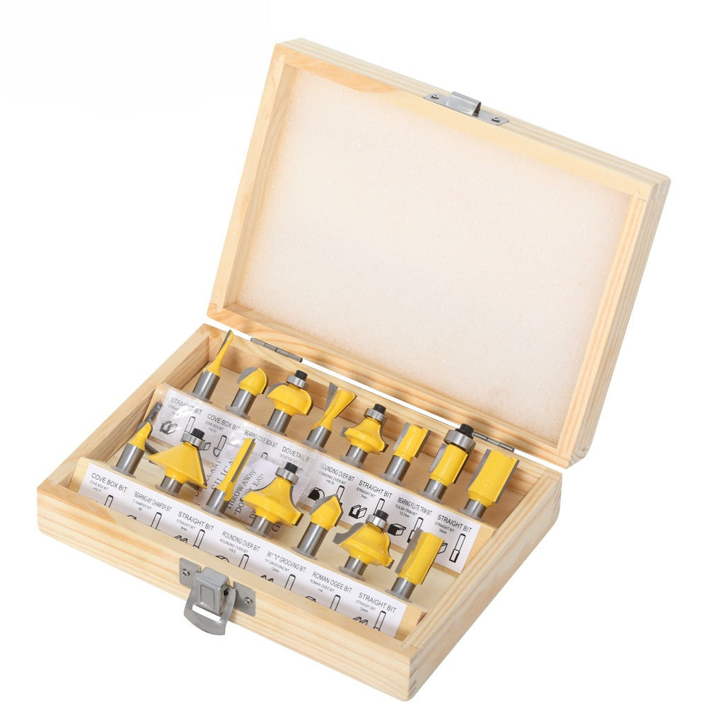 15-piece set of 8-handle woodworking milling cutter set, yellow, woodworking engraving machine/bakelite milling/trimming machine, cutter head set.