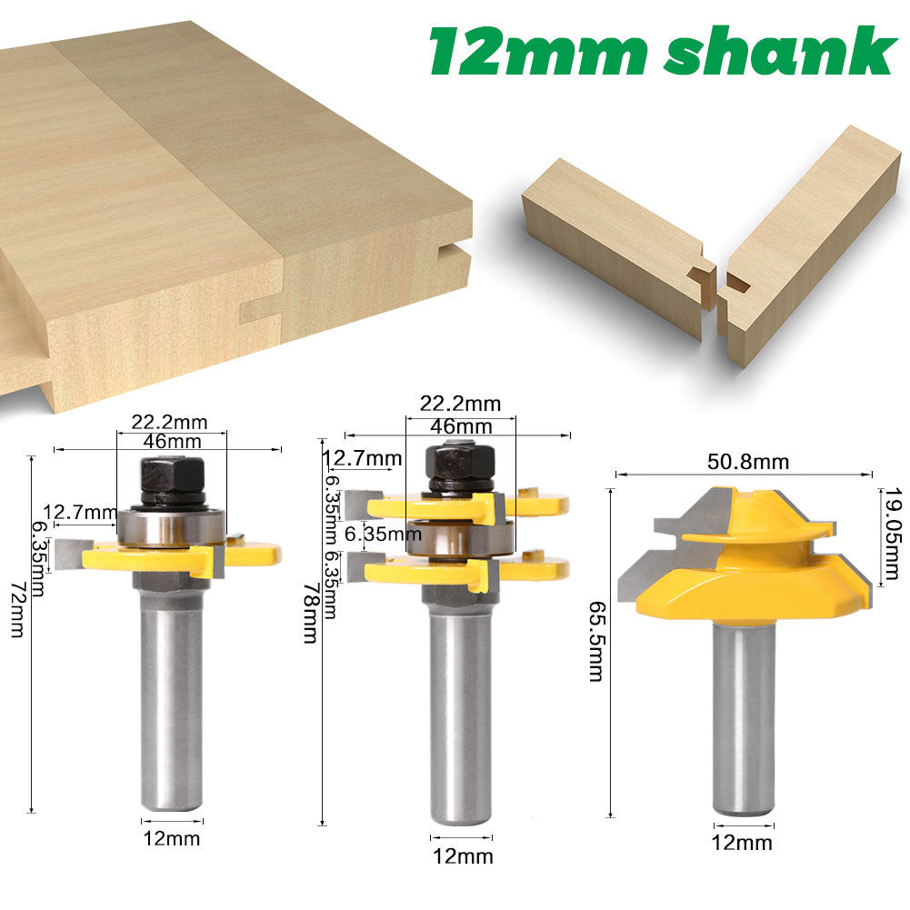3-piece set of 45-degree tenon knife + 3-tooth T-shaped tenon knife, plywood knife, floor knife, tenon knife, tenon milling cutter, engraving machine
