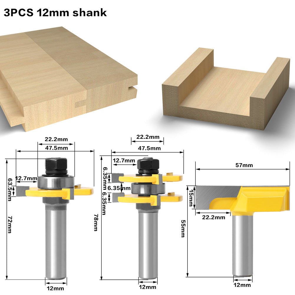 3-piece set of 1/2 handle three-tooth T-shaped tenon knife + bottom cleaning knife large diameter slotting knife splicing knife
