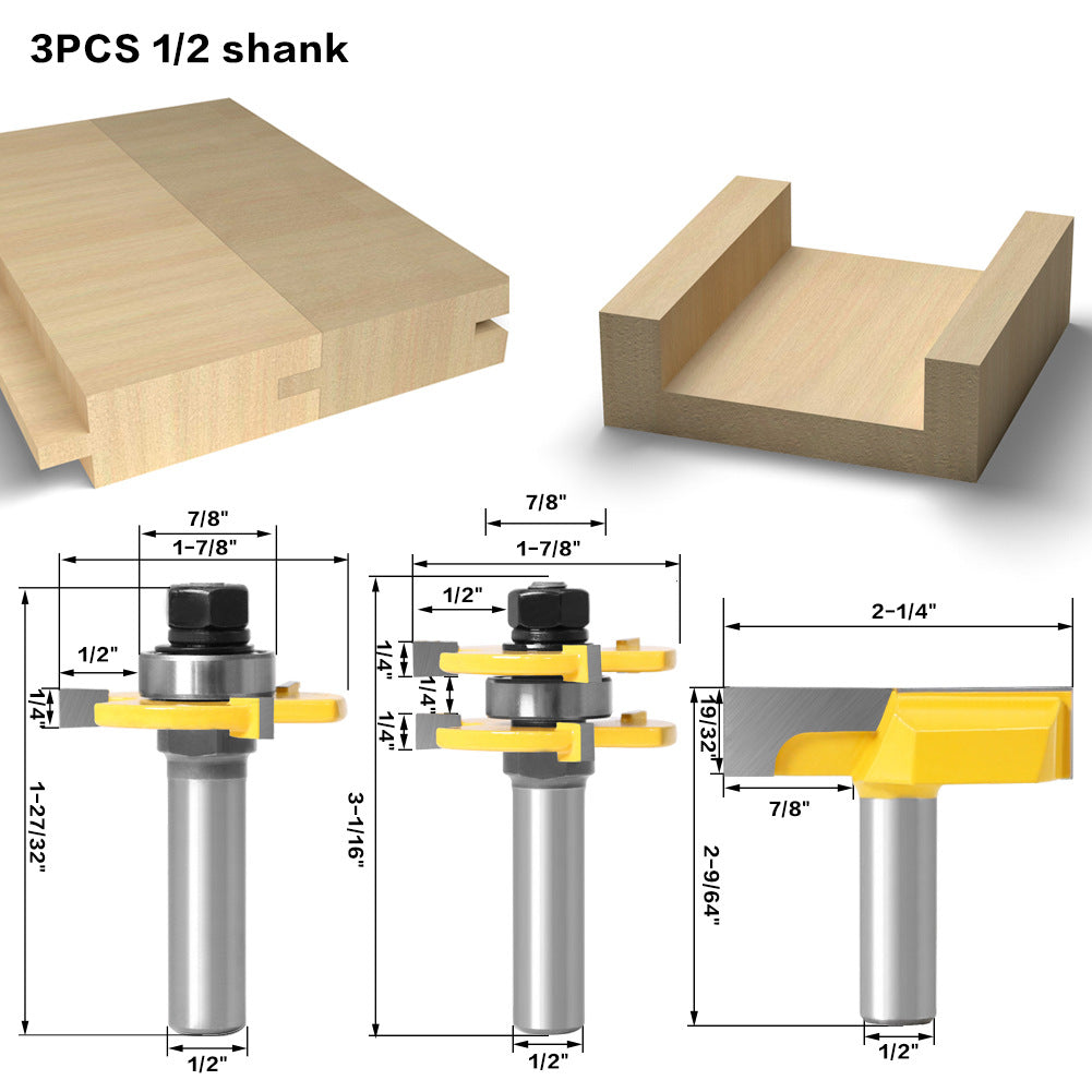 3-piece set of 1/2 handle three-tooth T-shaped tenon knife + bottom cleaning knife large diameter slotting knife splicing knife
