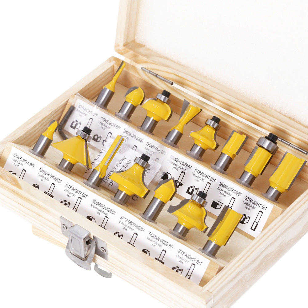 15-piece set of 8-handle woodworking milling cutter set, yellow, woodworking engraving machine/bakelite milling/trimming machine, cutter head set.