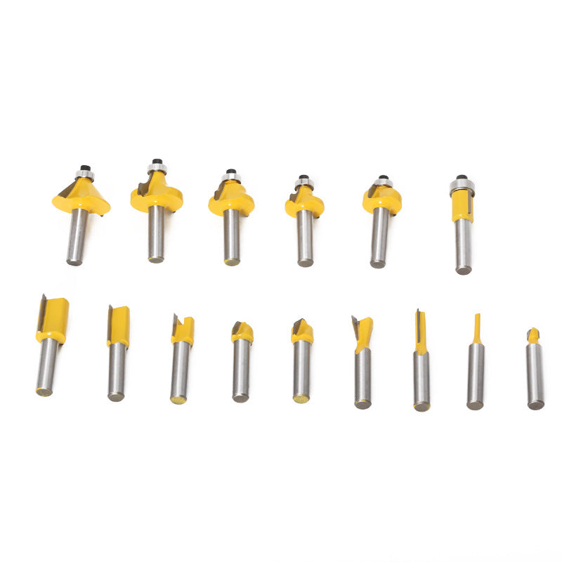 15-piece set of 8-handle woodworking milling cutter set, yellow, woodworking engraving machine/bakelite milling/trimming machine, cutter head set.