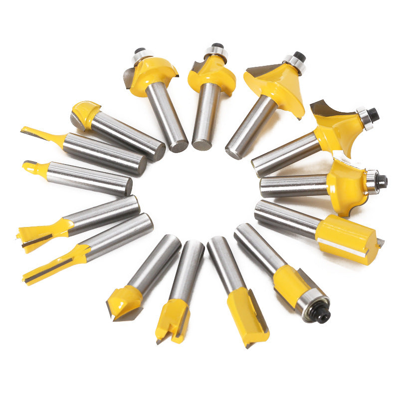 15-piece set of 8-handle woodworking milling cutter set, yellow, woodworking engraving machine/bakelite milling/trimming machine, cutter head set.
