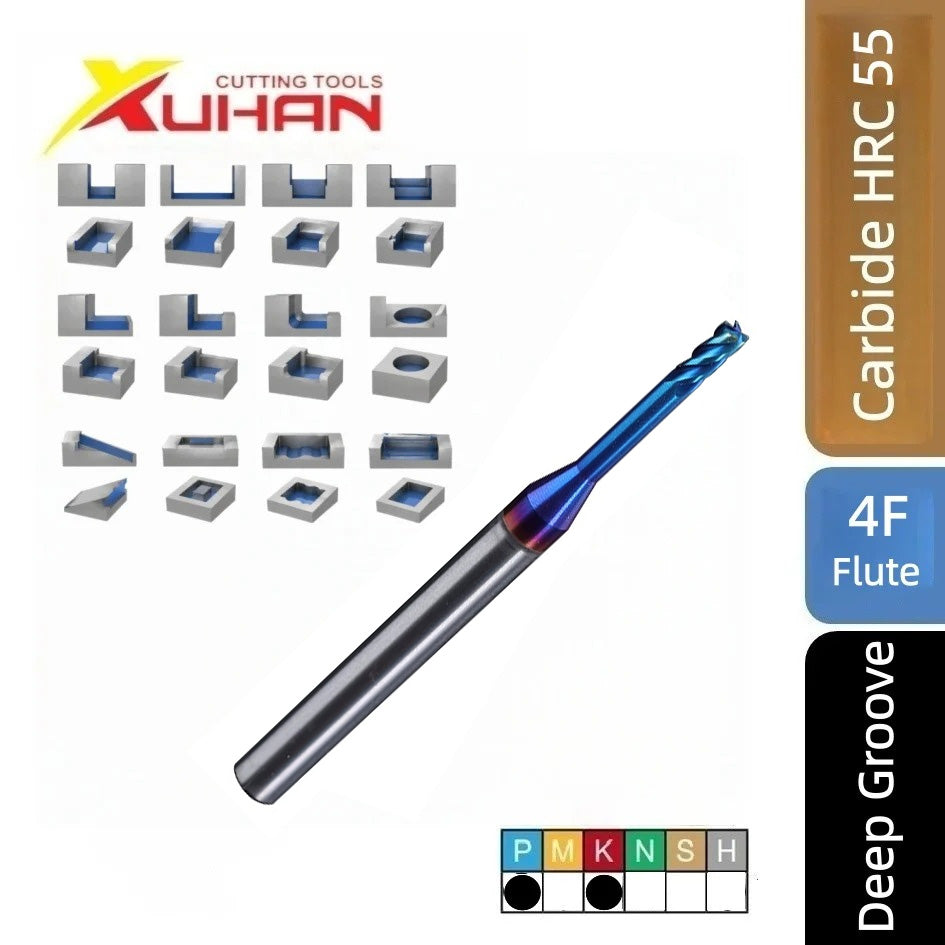 4 Flute Carbide Deep Groove Long Neck Flat End Mill Coated HRC 65