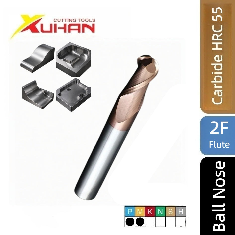 2 Flute Carbide Ball Nose End Mill, TiAlN Coated, for Steel Machining HRC55