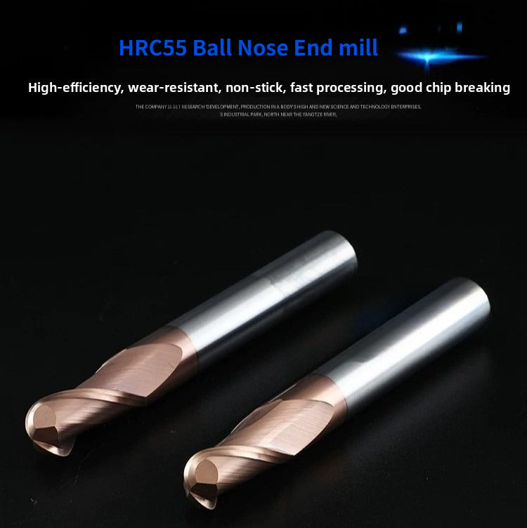 2 Flute 55° HRC Carbide Ball Nose End Mill, TiAlN Coated, for Steel Machining