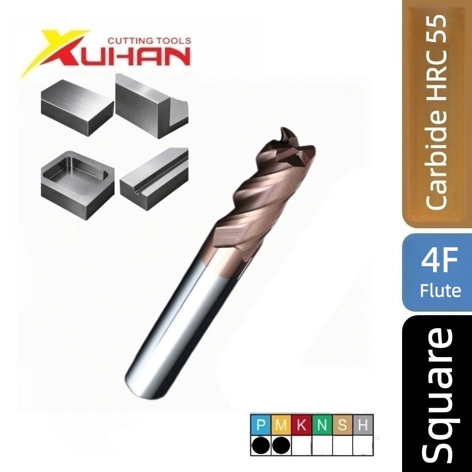 4 Flute Solid Carbide Square End Mill, Extra Long Straight Shank Coated CNC Cutter for Steel HRC55
