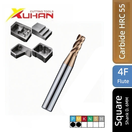 HRC55 Solid Carbide 4 Flute Flat End Mill with Coating for Steel, Reduced Shank 6mm Shank, Step Roughing Mill