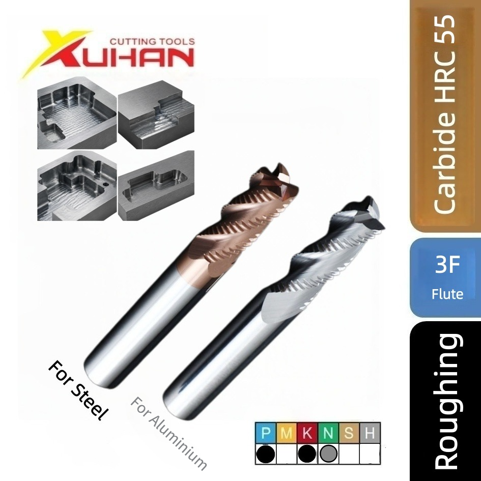 3 Flute Carbide Roughing End Mill for Aluminum/Steel HRC 55
