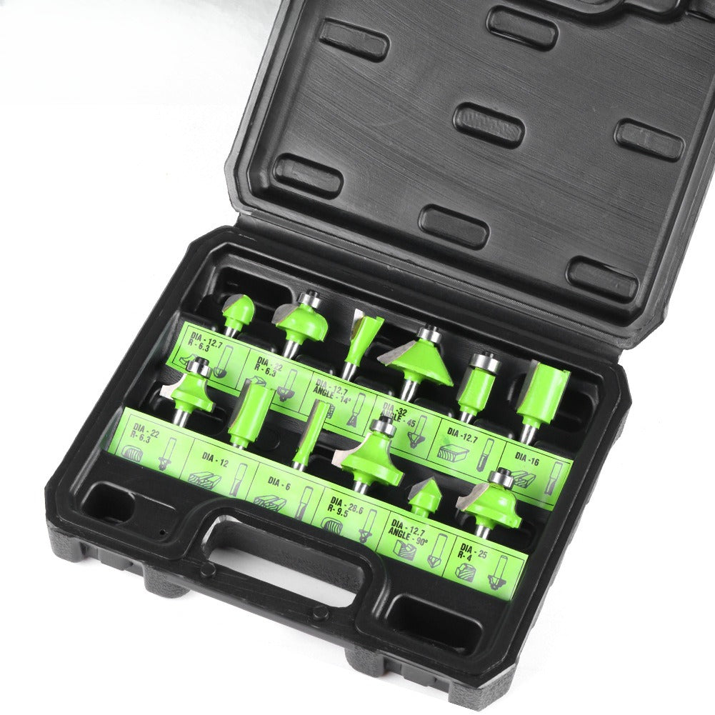 12-Piece set of 1/4 handle woodworking milling cutter set, trimming machine cutter head, bakelite milling engraving machine, milling cutter, trimming cutter 12PC