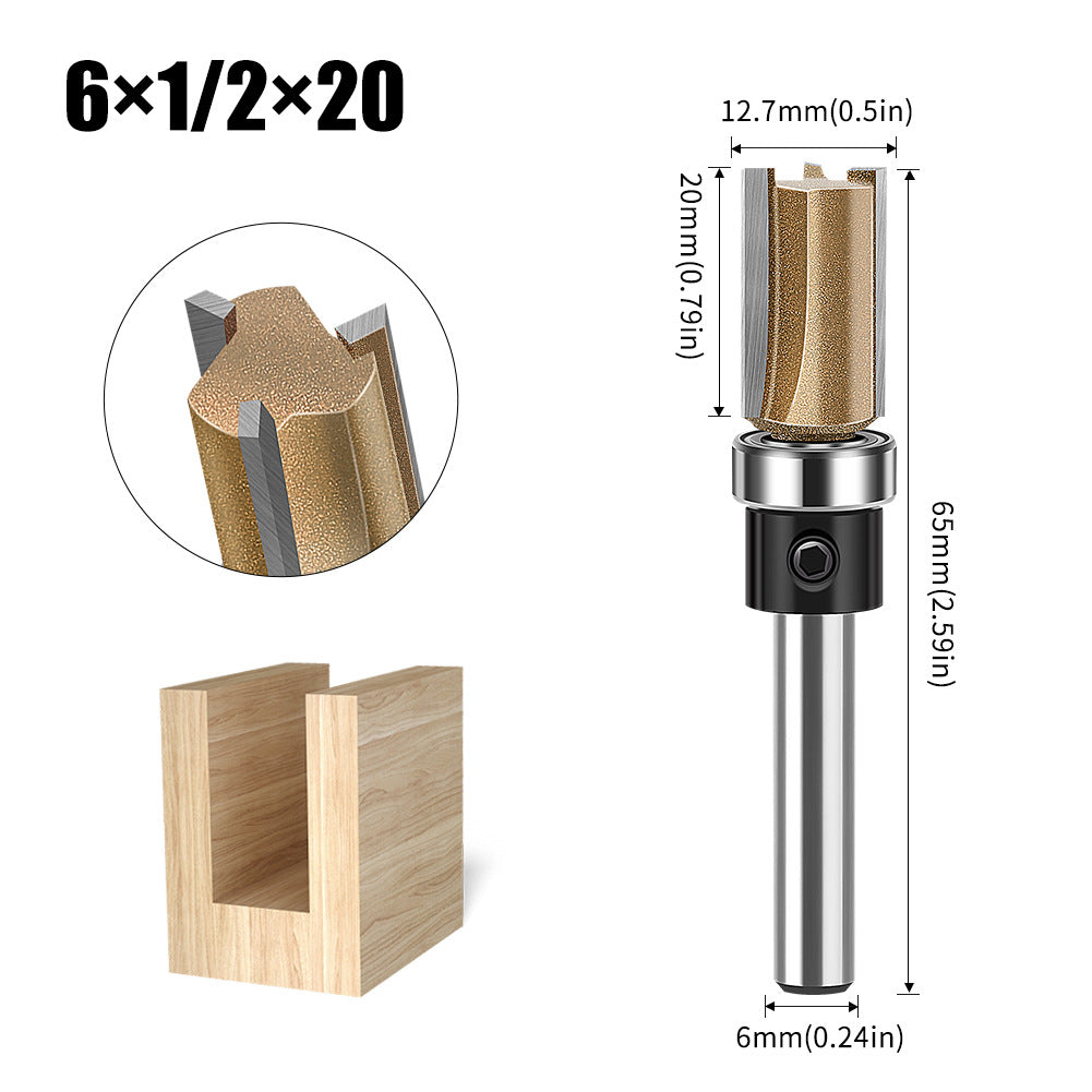 Professional grade three-edged bearing straight knife 1/4 handle trimming knife slotting diameter 12.7 diameter engraving machine woodworking milling cutter head