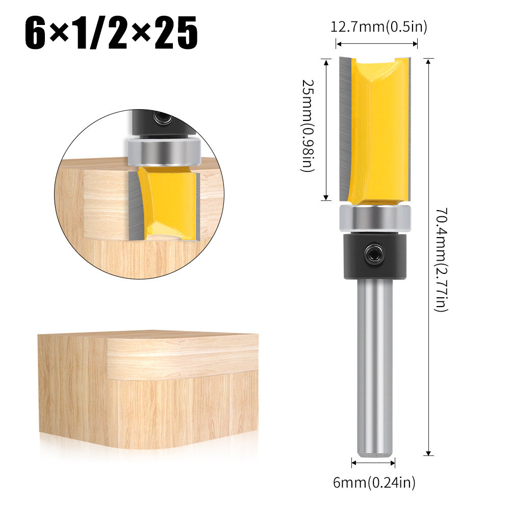 1/4 handle, copy bearing trimming cutter, woodworking milling cutter, double-edged bearing straight cutter, extended