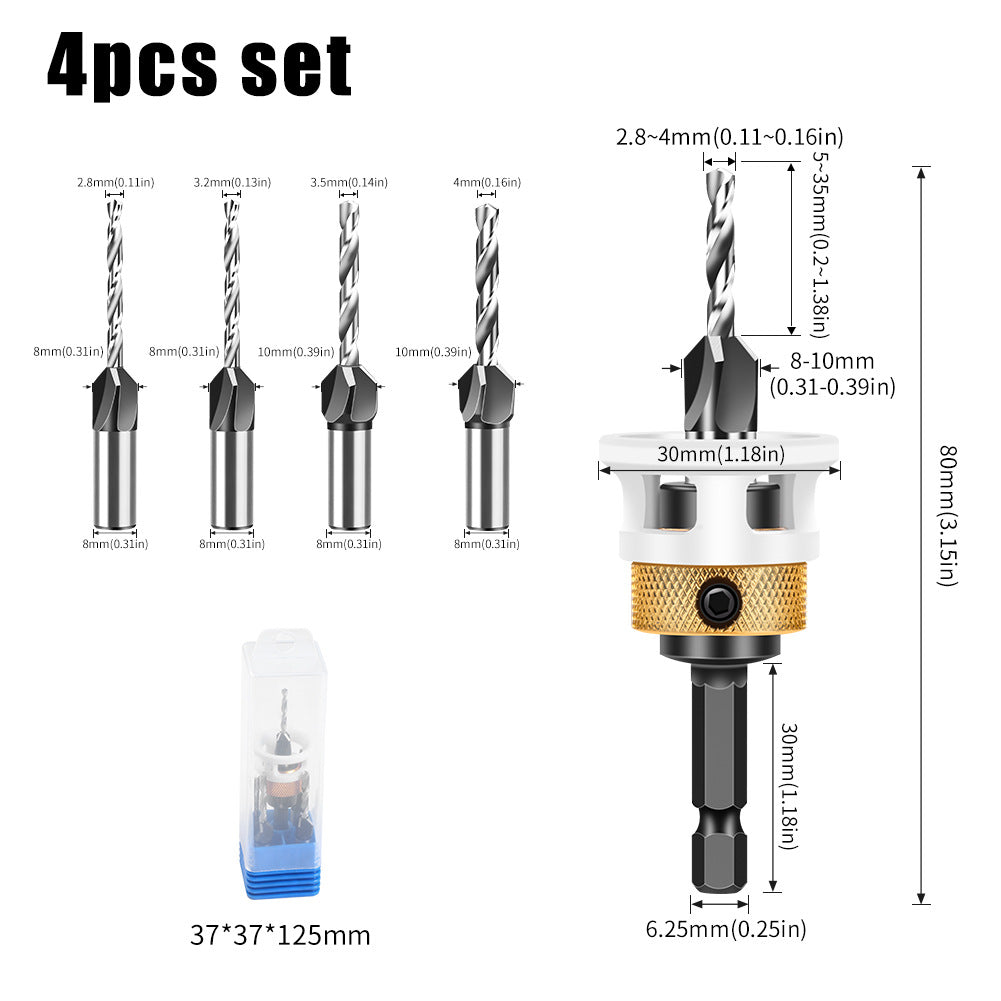 4-Piece set Woodworking limit four-edge countersunk drill bit Taper hole drill Adjustable depth Step drill Hidden screw countersunk head