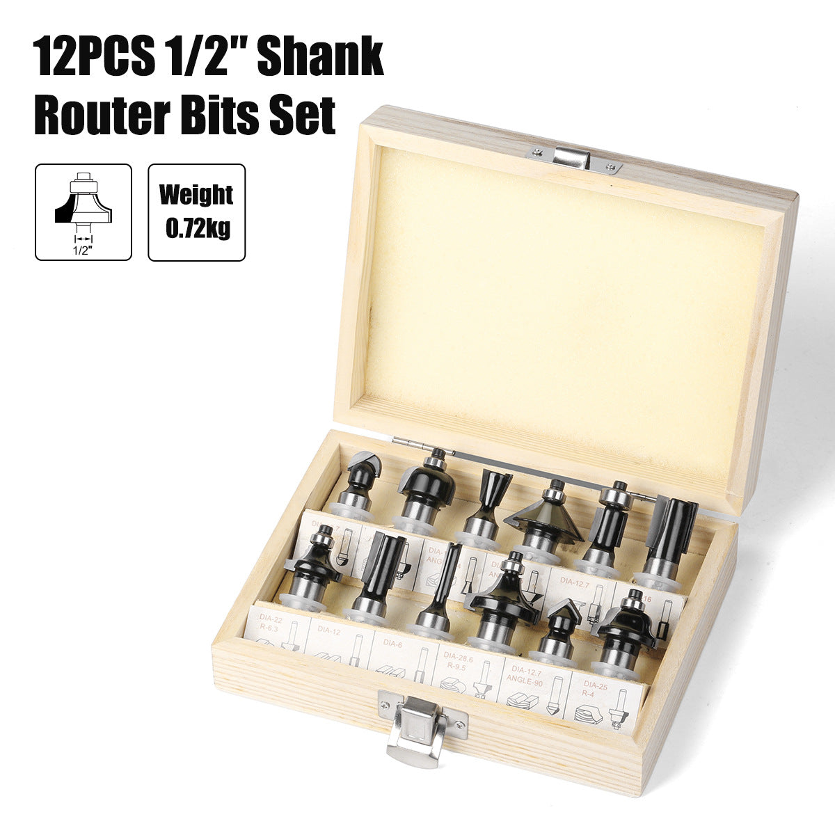 12-Piece set of 1/2 handle woodworking milling cutter set, black woodworking engraving machine/bakelite milling/trimming machine, cutter head set