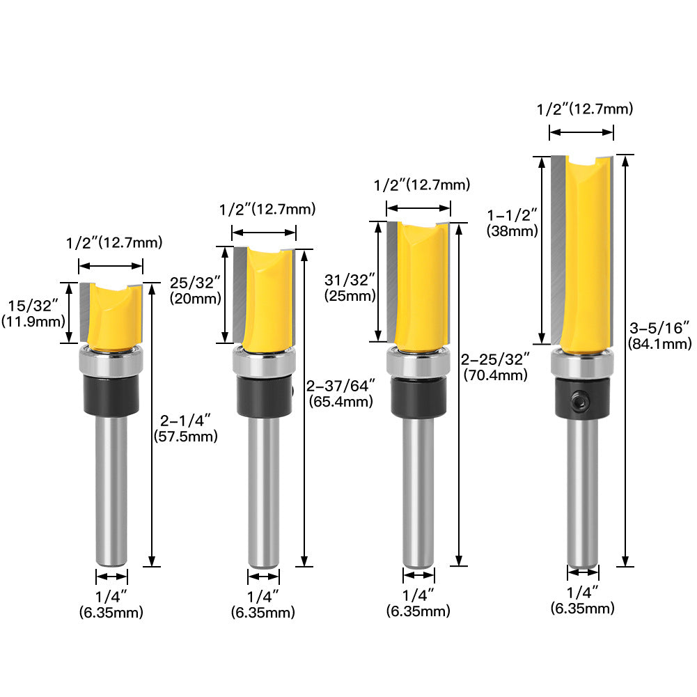 1/4 handle, copy bearing trimming cutter, woodworking milling cutter, double-edged bearing straight cutter, extended