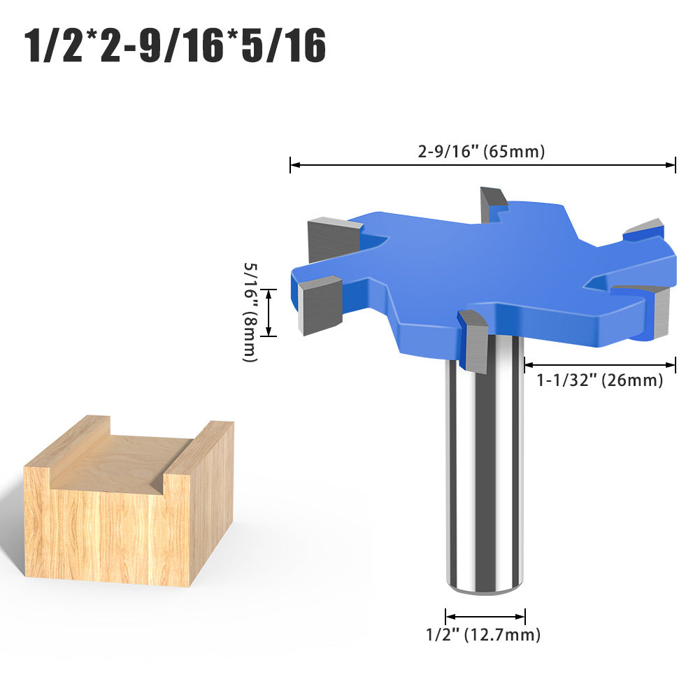 6-Tooth four-tooth T-shaped knife 1/2 handle 12mm handle woodworking tool lengthened T-shaped cutter slotted milling cutter T-shaped tenon cutter