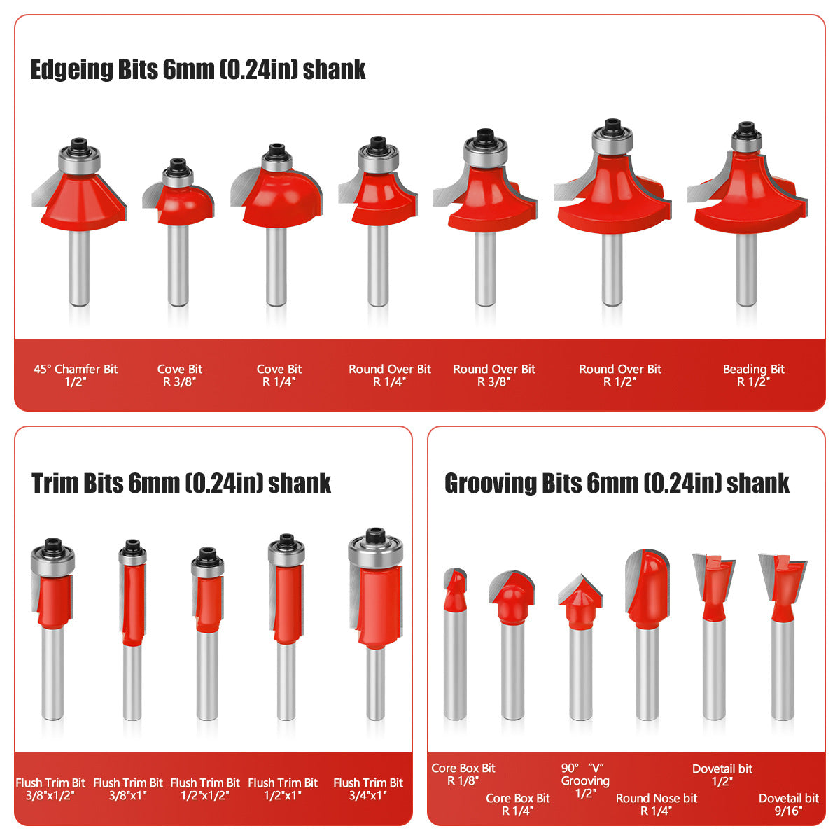 35-Piece woodworking milling cutter 6mm shank tungsten steel blade trimming machine engraving machine cutter head rounded corner knife chamfering knife