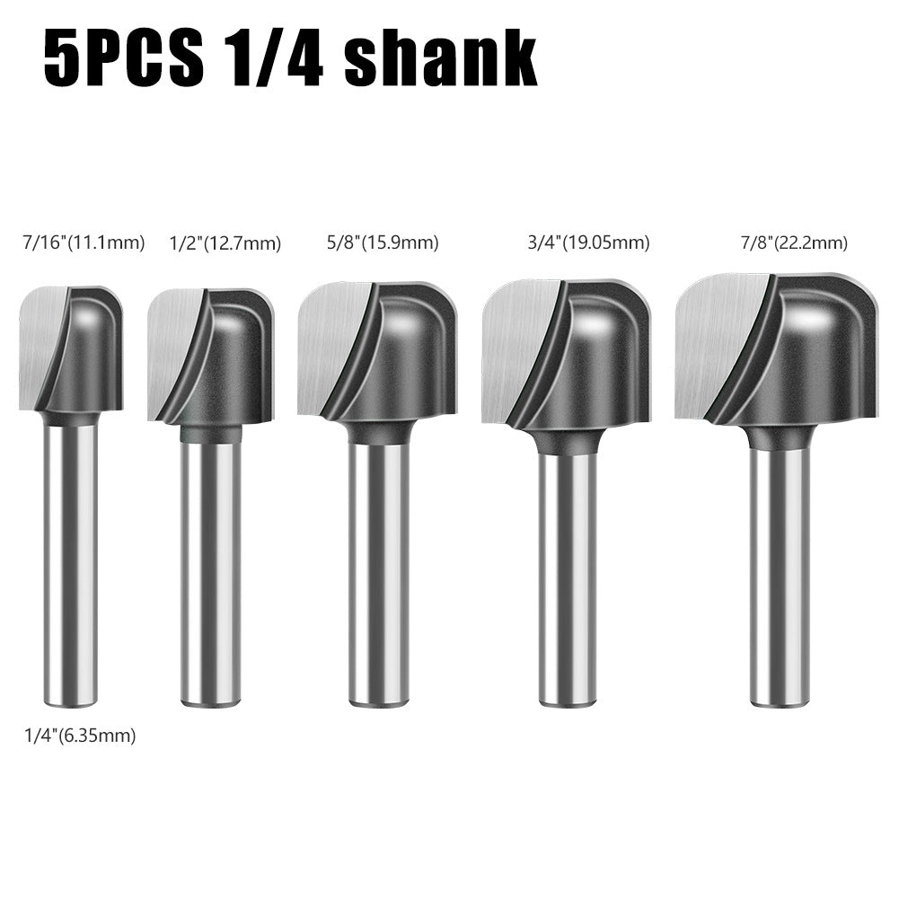 5-Piece set of 1/4 handle 6 handle double arc round bottom knife, slotting knife, bakelite milling cutter, engraving machine, trimming machine round bottom line type