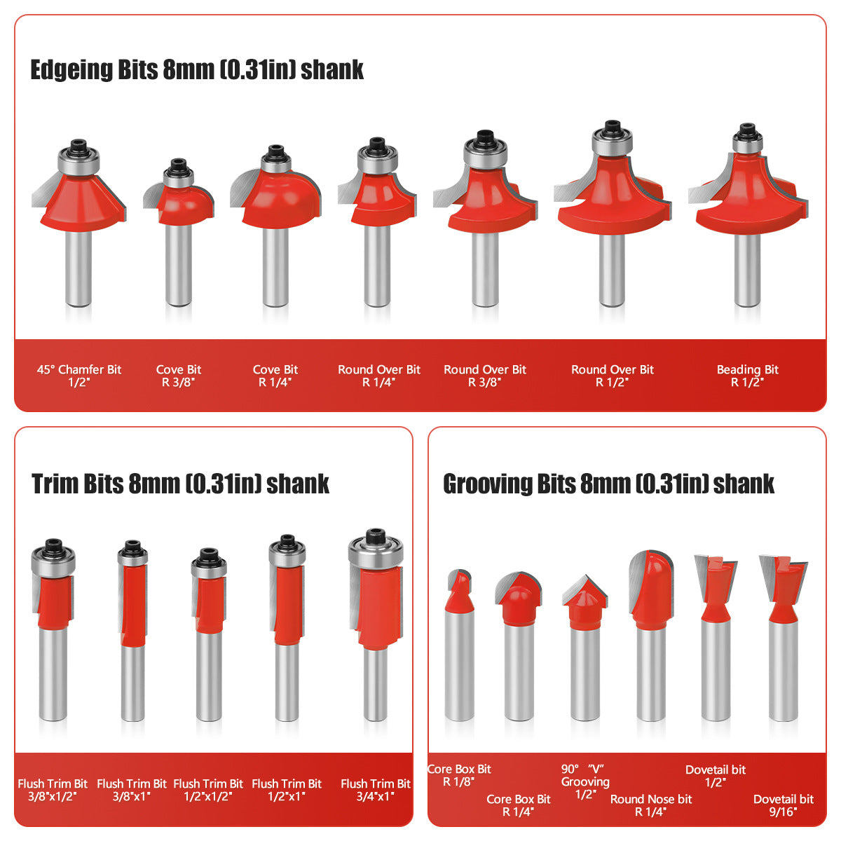 35-piece set of 8-handle woodworking milling cutter set, trimmer woodworking milling cutter, cutter head set with complete specifications