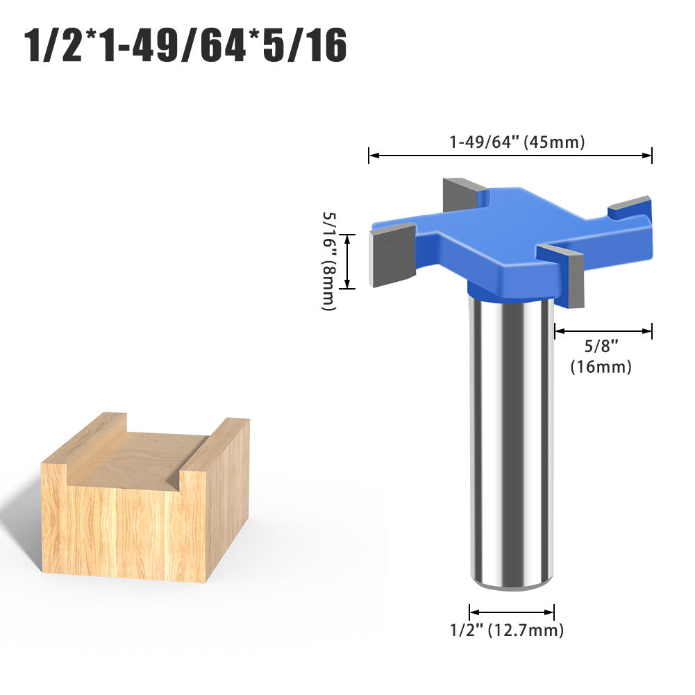 6-Tooth four-tooth T-shaped knife 1/2 handle 12mm handle woodworking tool lengthened T-shaped cutter slotted milling cutter T-shaped tenon cutter