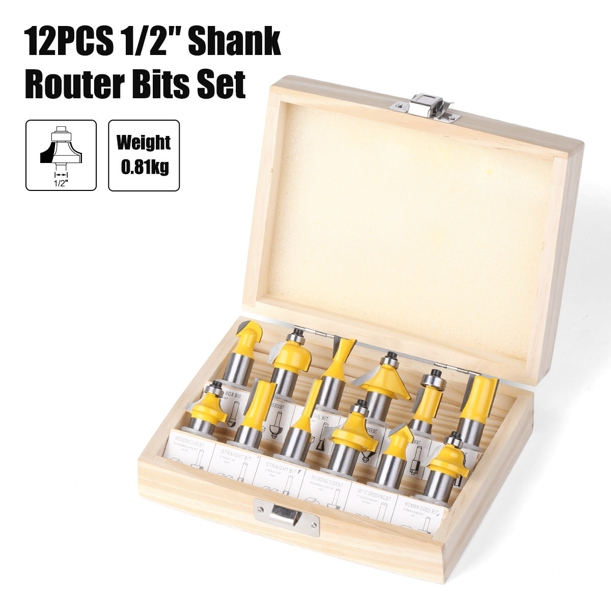 12-Piece set of 1/4 handle woodworking milling cutter set, trimming machine cutter head, bakelite milling engraving machine milling cutter, trimming cutter 15PC