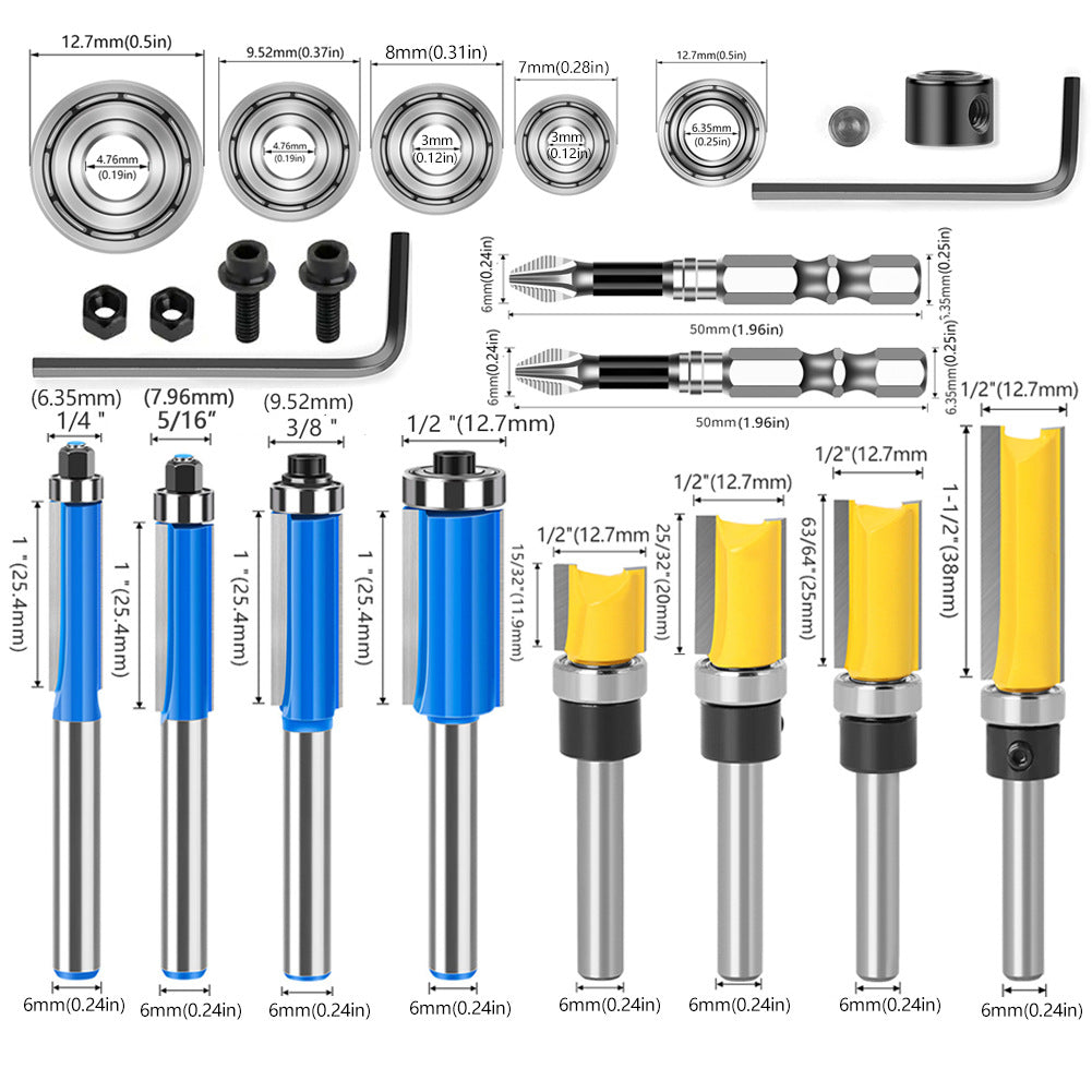 23-Piece set 1/4 handle 6 handle bearing trimming knife set Slotted milling cutter Batch head Trimming milling cutter Trimming machine milling cutter