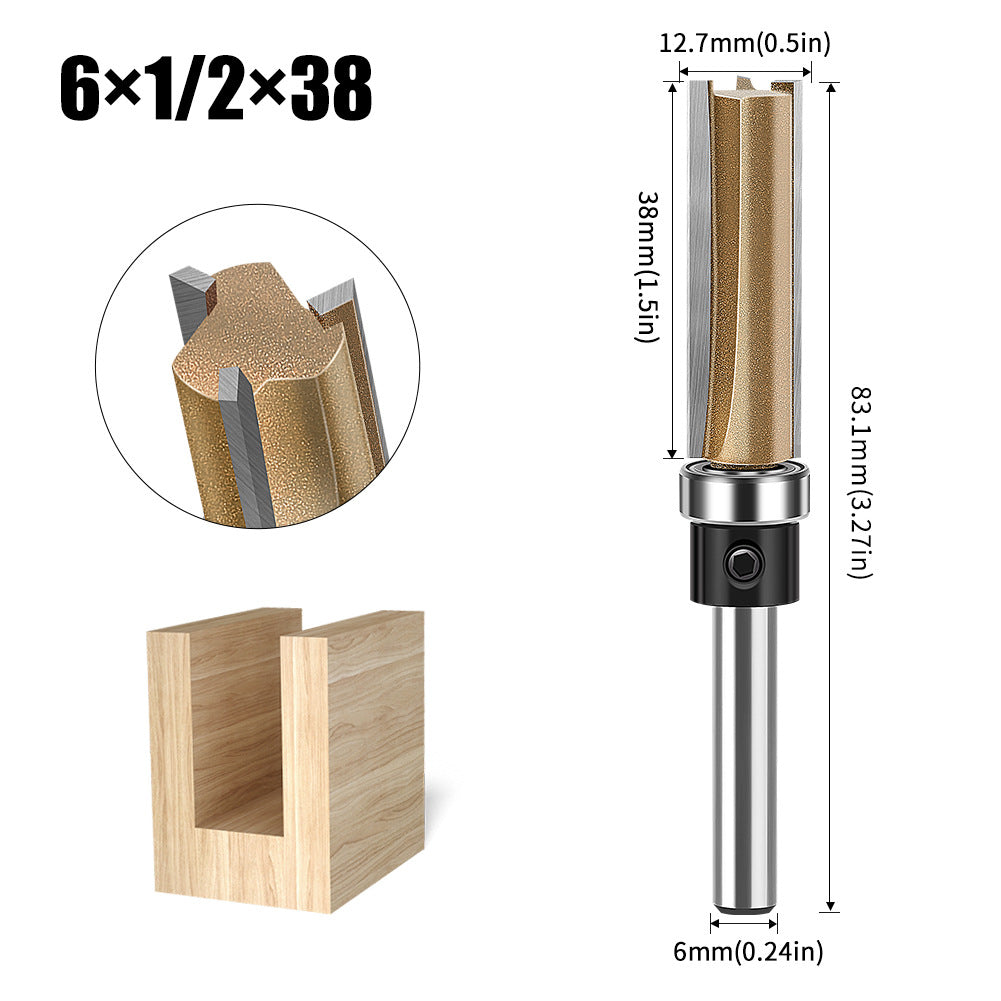 Professional grade three-edged bearing straight knife 1/4 handle trimming knife slotting diameter 12.7 diameter engraving machine woodworking milling cutter head