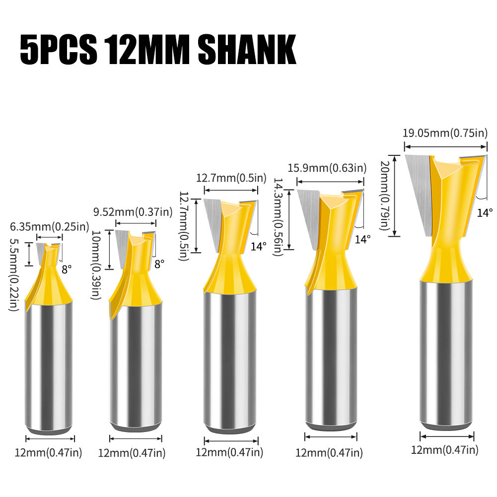 5-piece set of 1/2 handle 12 handle, dovetail knife, zikou Xun knife, woodworking milling cutter, carving knife, dovetail knife slotting knife