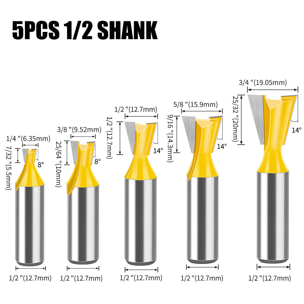 5-piece set of 1/2 handle 12 handle, dovetail knife, zikou Xun knife, woodworking milling cutter, carving knife, dovetail knife slotting knife
