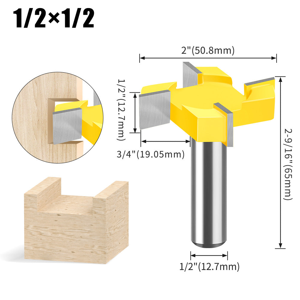 Four-blade T-knife Slotting knife 1/2 handle 12 handle woodworking milling cutter engraving machine cutter head Large diameter slotting knife T-knife