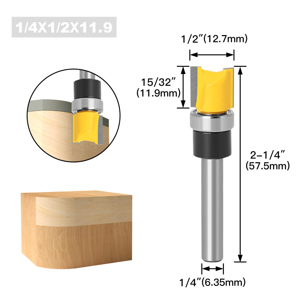 1/4 handle, copy bearing trimming cutter, woodworking milling cutter, double-edged bearing straight cutter, extended