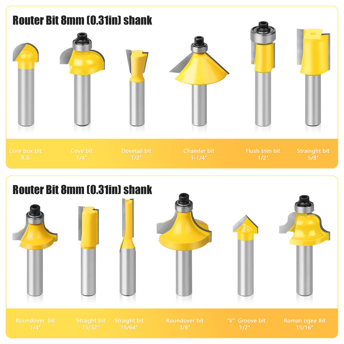 Woodworking milling cutter 8 handle 12-piece set yellow, woodworking engraving machine/bakelite milling/trimming machine, cutter head set cutter