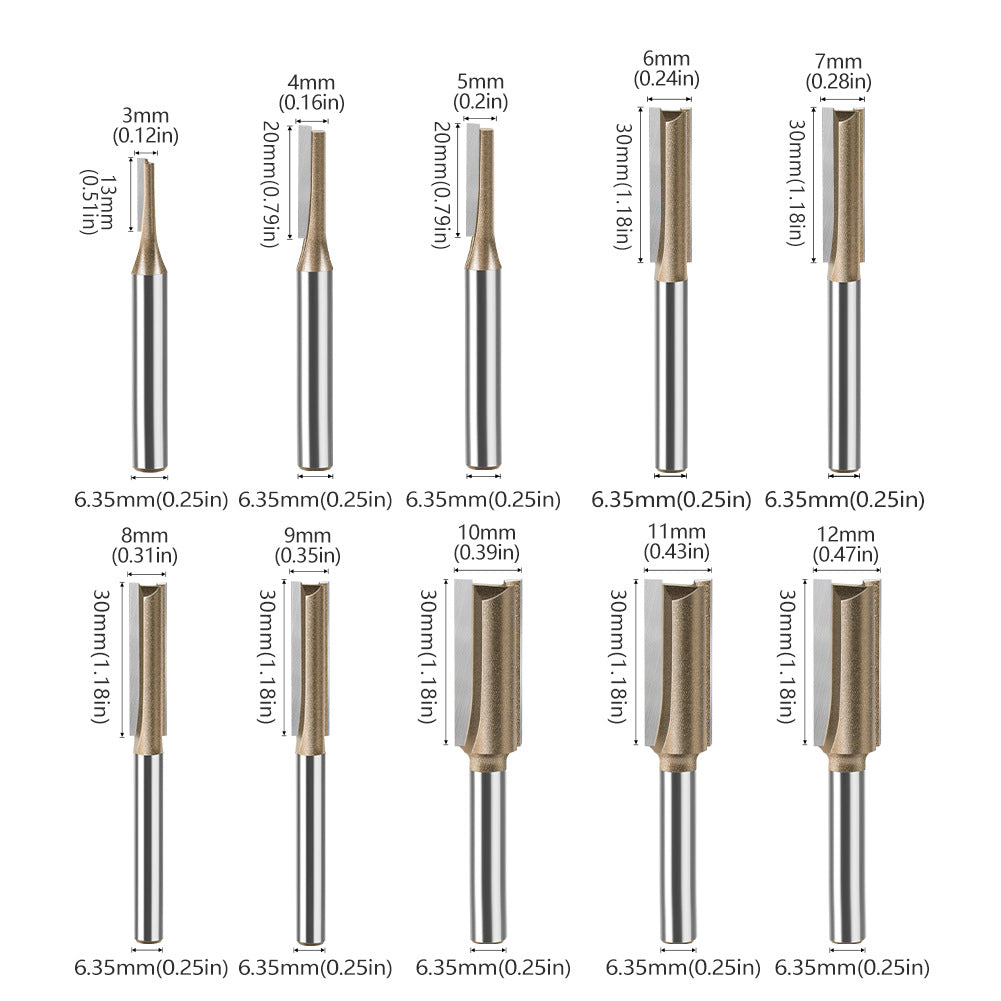 20-Piece set of 1/4 handle professional grade alloy double-edged straight knife slotting knife woodworking milling cutter grooving knife trimming machine engraving