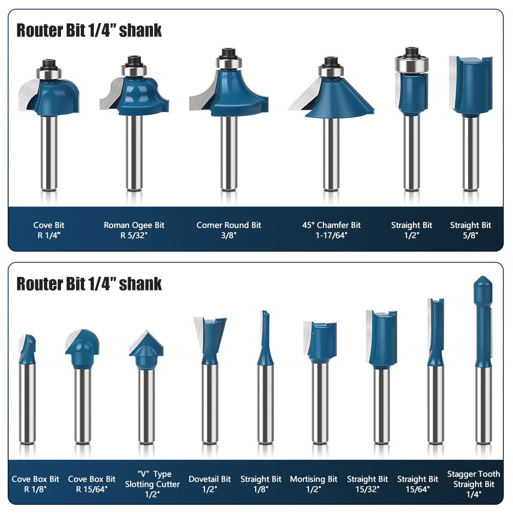 1/4 handle 15-piece woodworking milling cutter set trimmer head bakelite slotting router straight cutter woodworking tool
