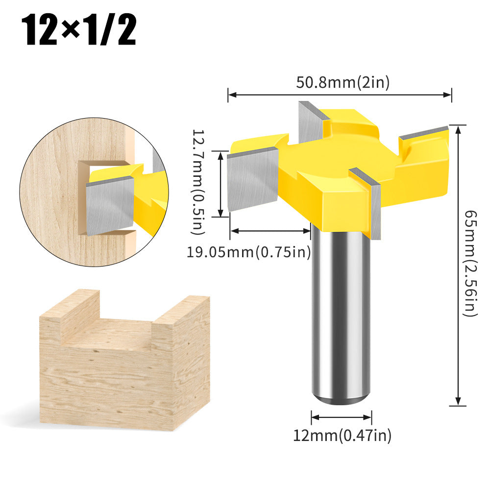 Four-blade T-knife Slotting knife 1/2 handle 12 handle woodworking milling cutter engraving machine cutter head Large diameter slotting knife T-knife
