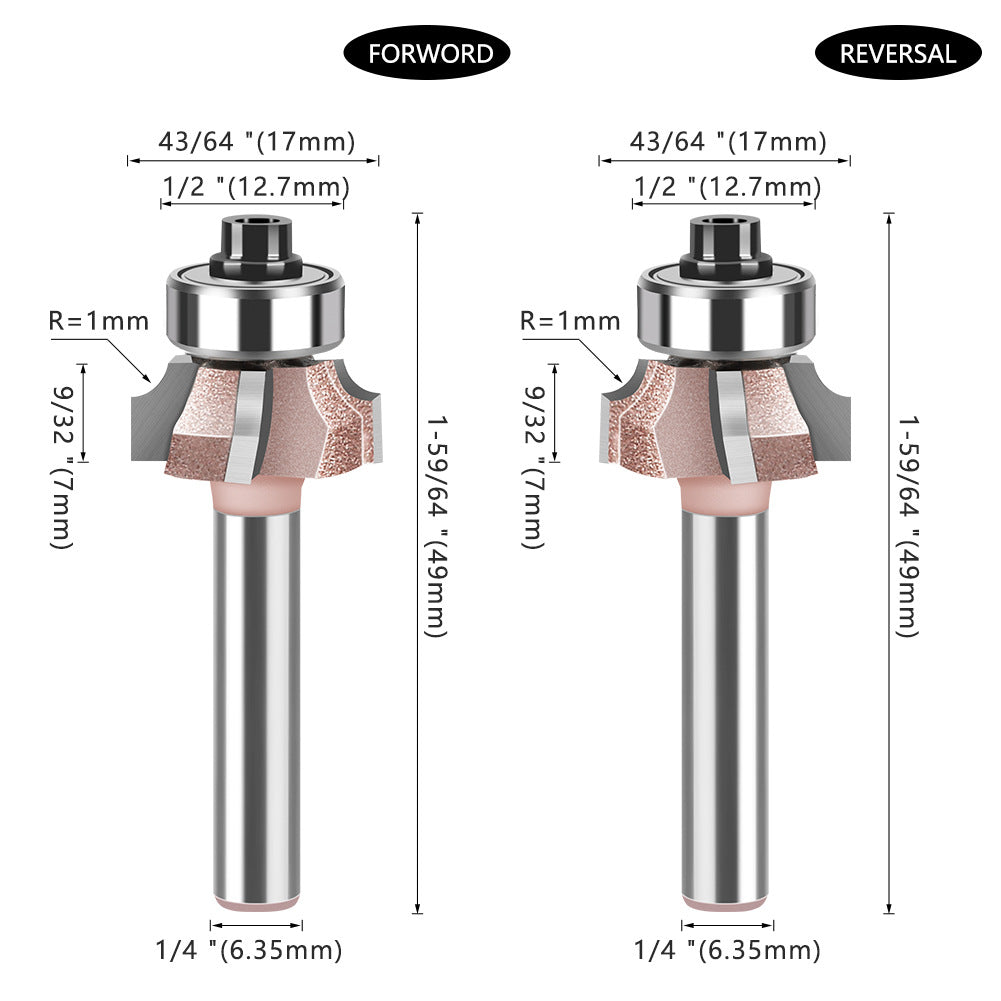 1/4 shank four-blade positive and reverse edge banding knife rounded corner knife arc trimming knife woodworking chamfering knife