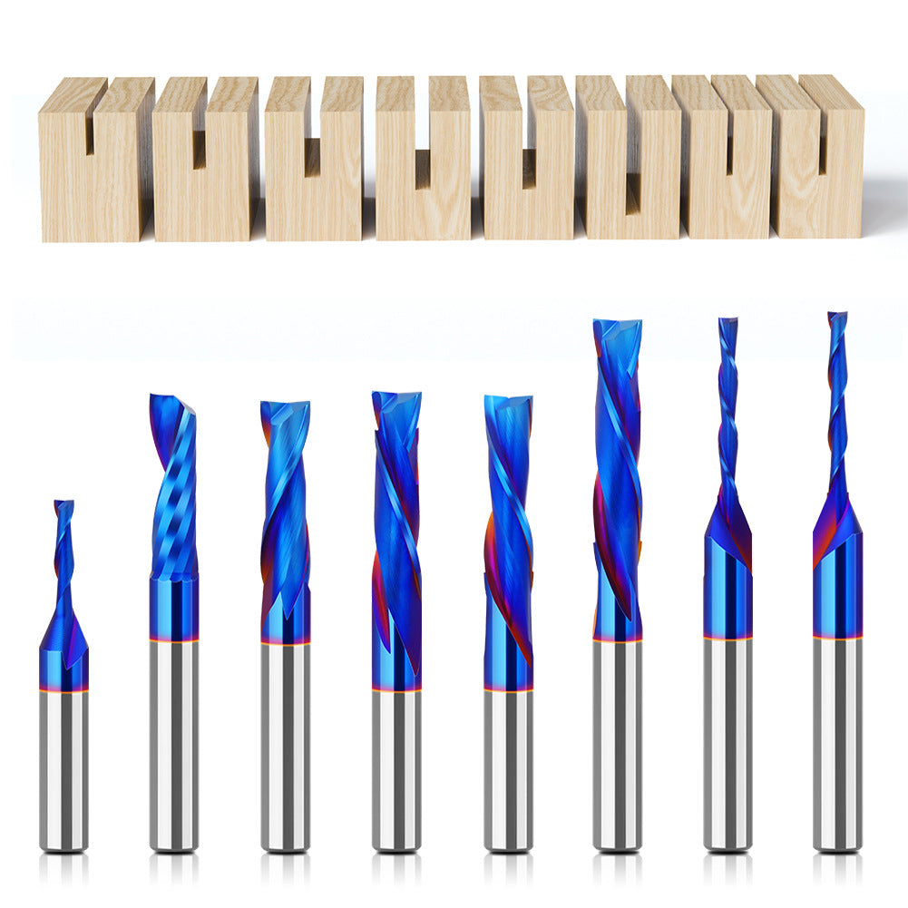 8-Handle straight knife composite integral alloy blue-plated slotting knife top-spin bottom-spin trimming knife carbide woodworking milling cutter