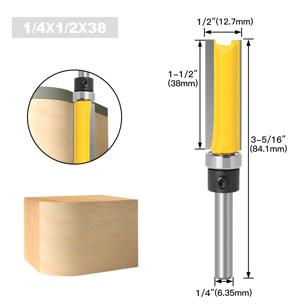 1/4 handle, copy bearing trimming cutter, woodworking milling cutter, double-edged bearing straight cutter, extended